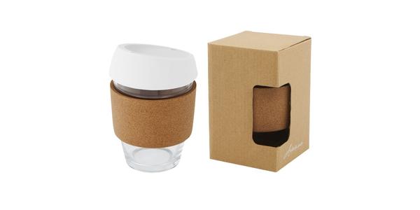 Gobelet Lidan de 360 ml en verre borosilicate avec grip en liège et couvercle en silicone